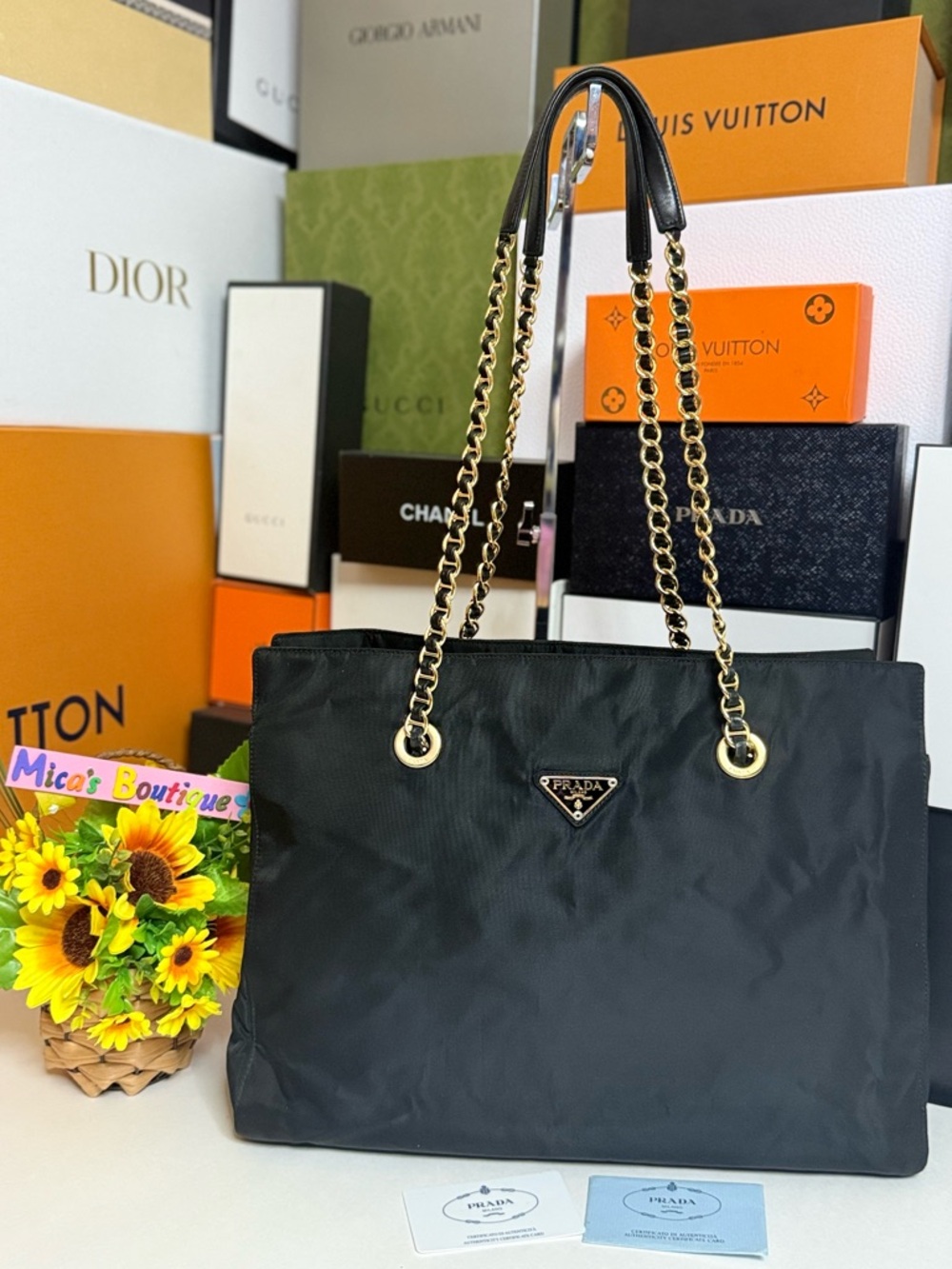 Auth PRADA Triangle Logo Tessuto Black Nylon Leather Chain Shoulder Bag